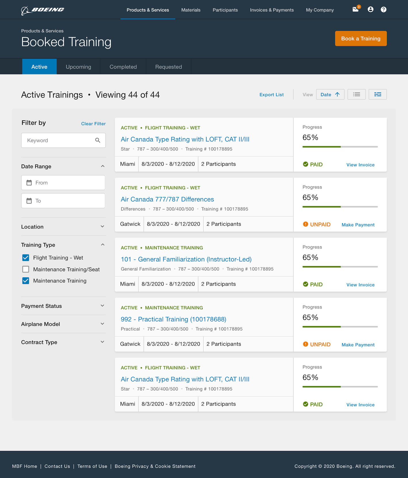 Boeing Booked Training List