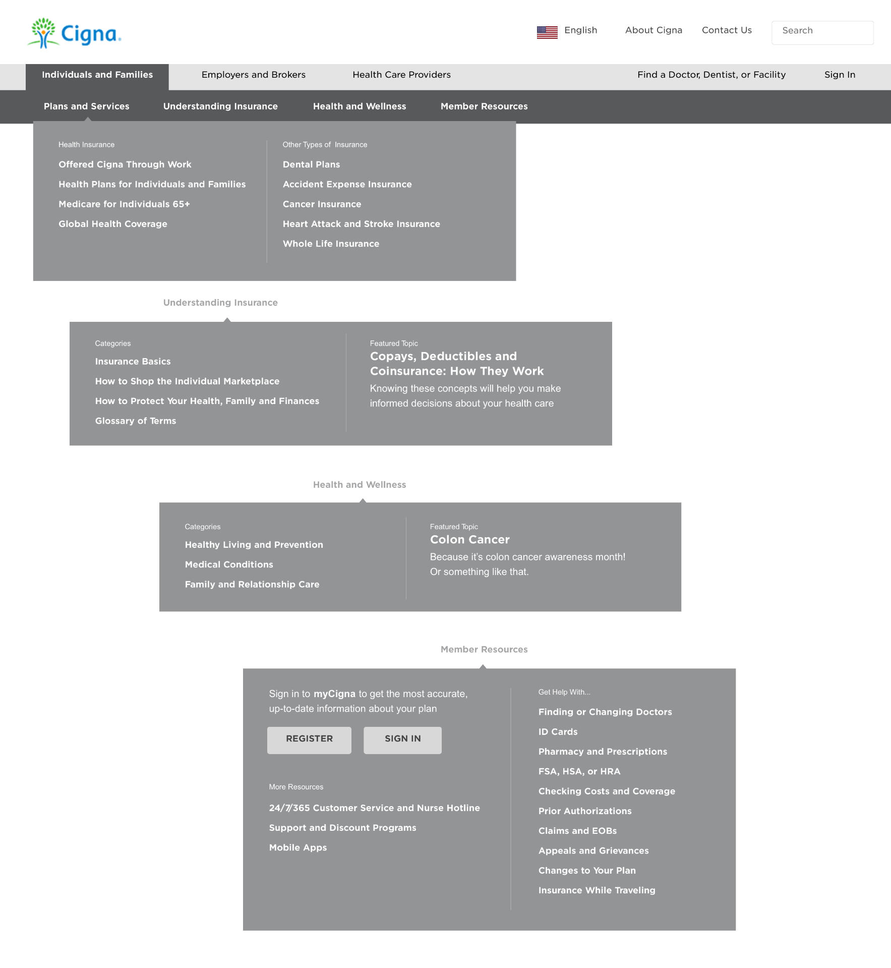 Cigna Navigation Menu Wireframes