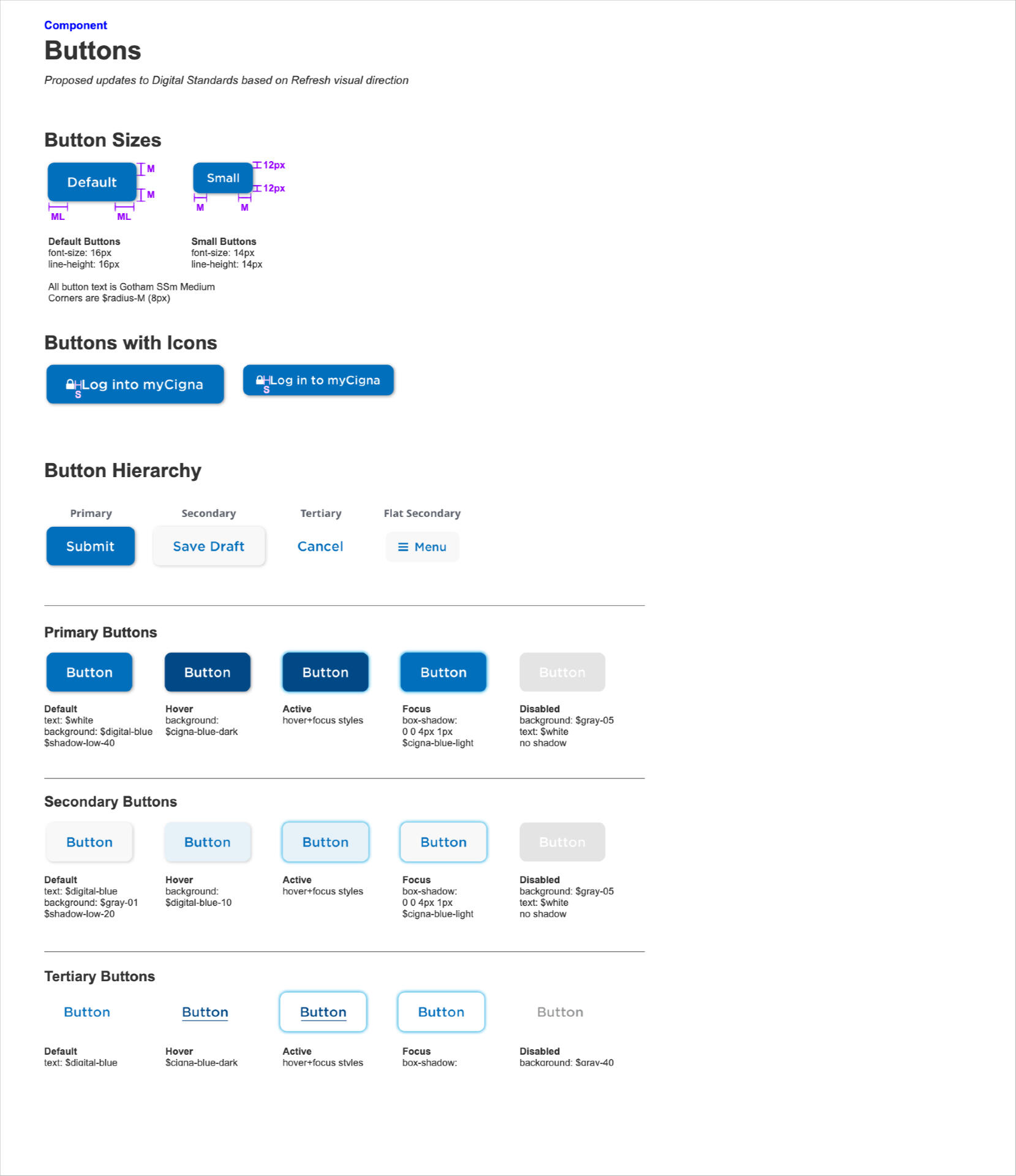 Cigna Design System Button Specs